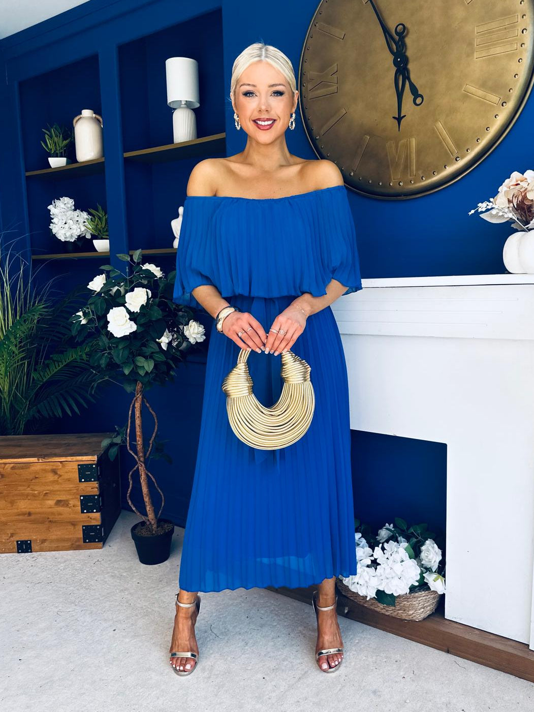 Aileen Pleated Bardot Midi Dress Cobalt – Canella Lane