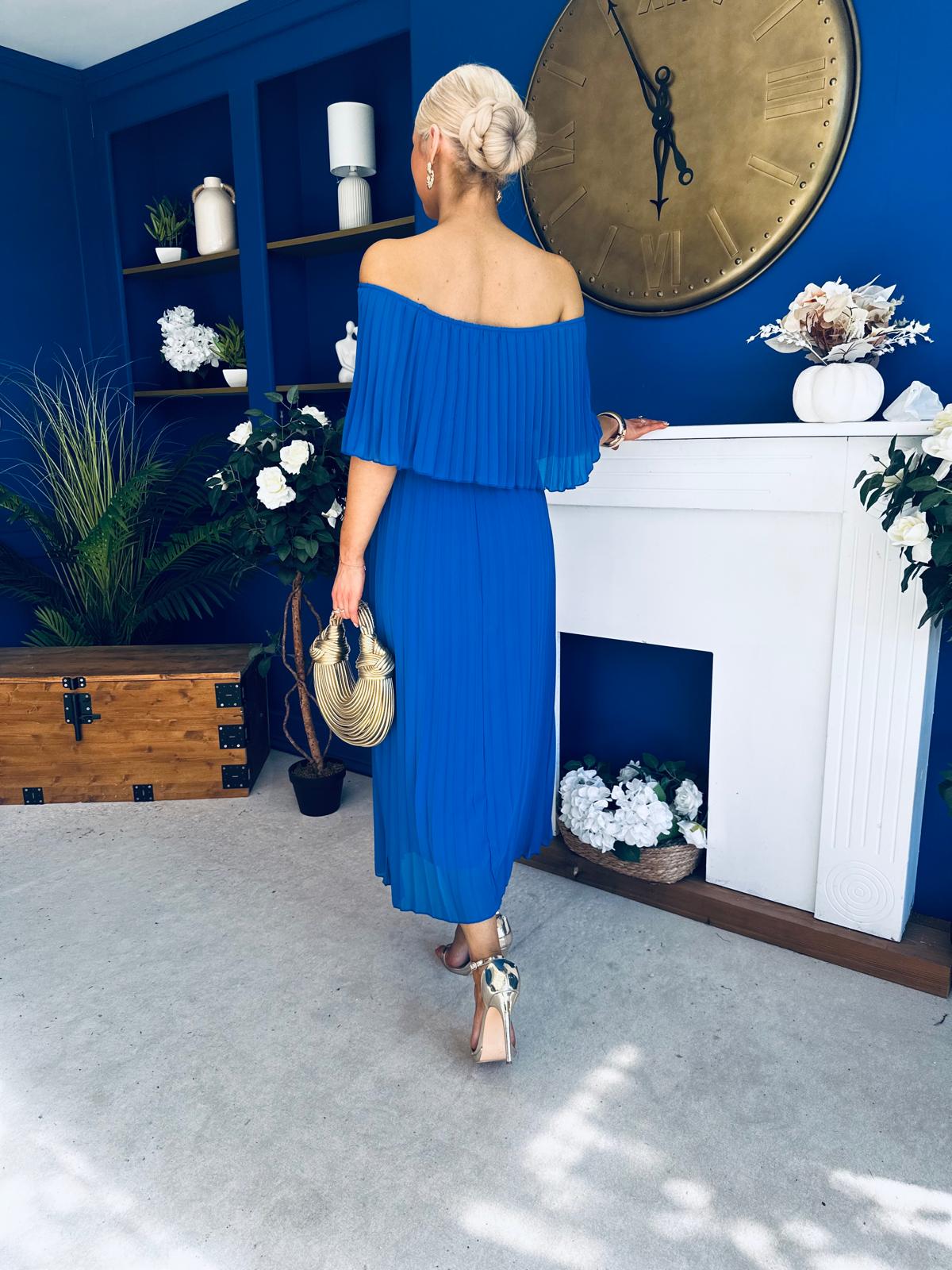 Aileen Pleated Bardot Midi Dress Cobalt