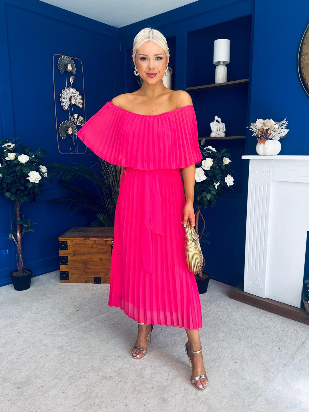 Aileen Pleated Bardot Midi Dress Hot Pink
