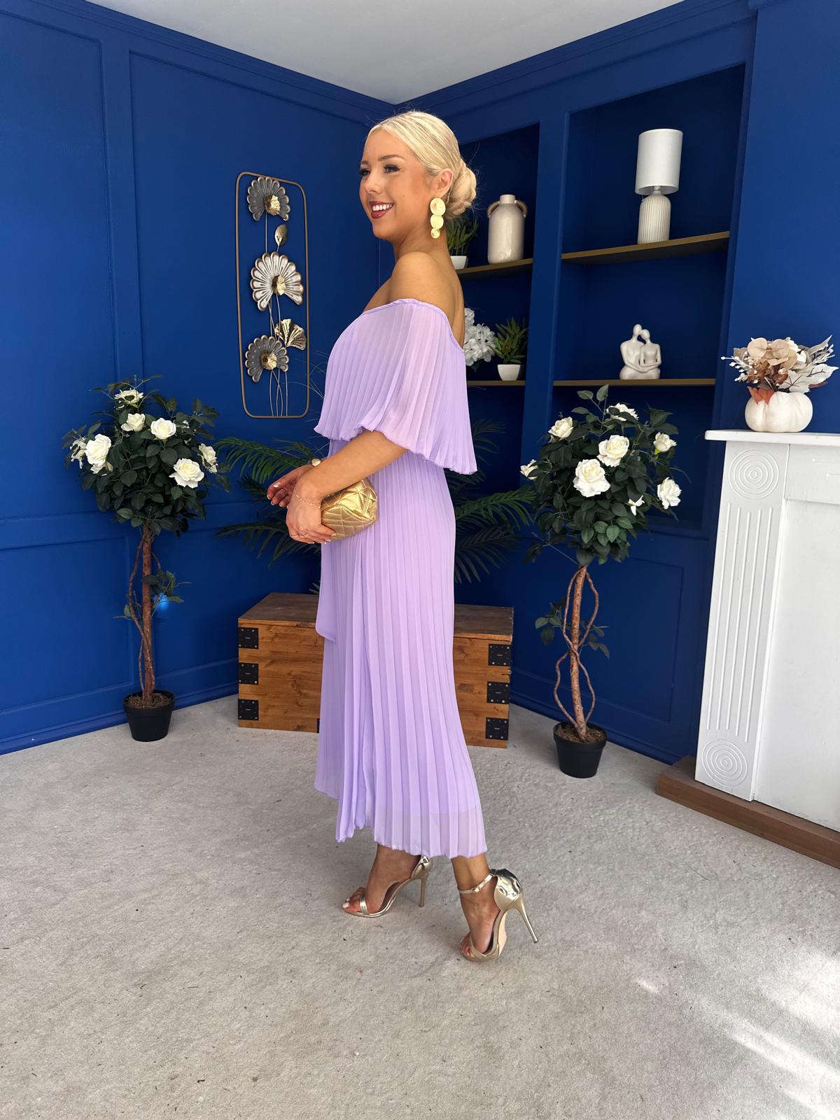 Aileen Pleated Bardot Midi Dress Lilac