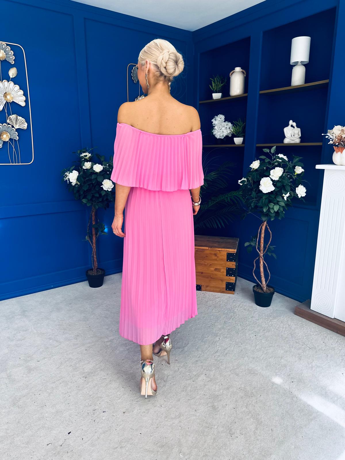 Aileen Pleated Bardot Midi Dress Cerise