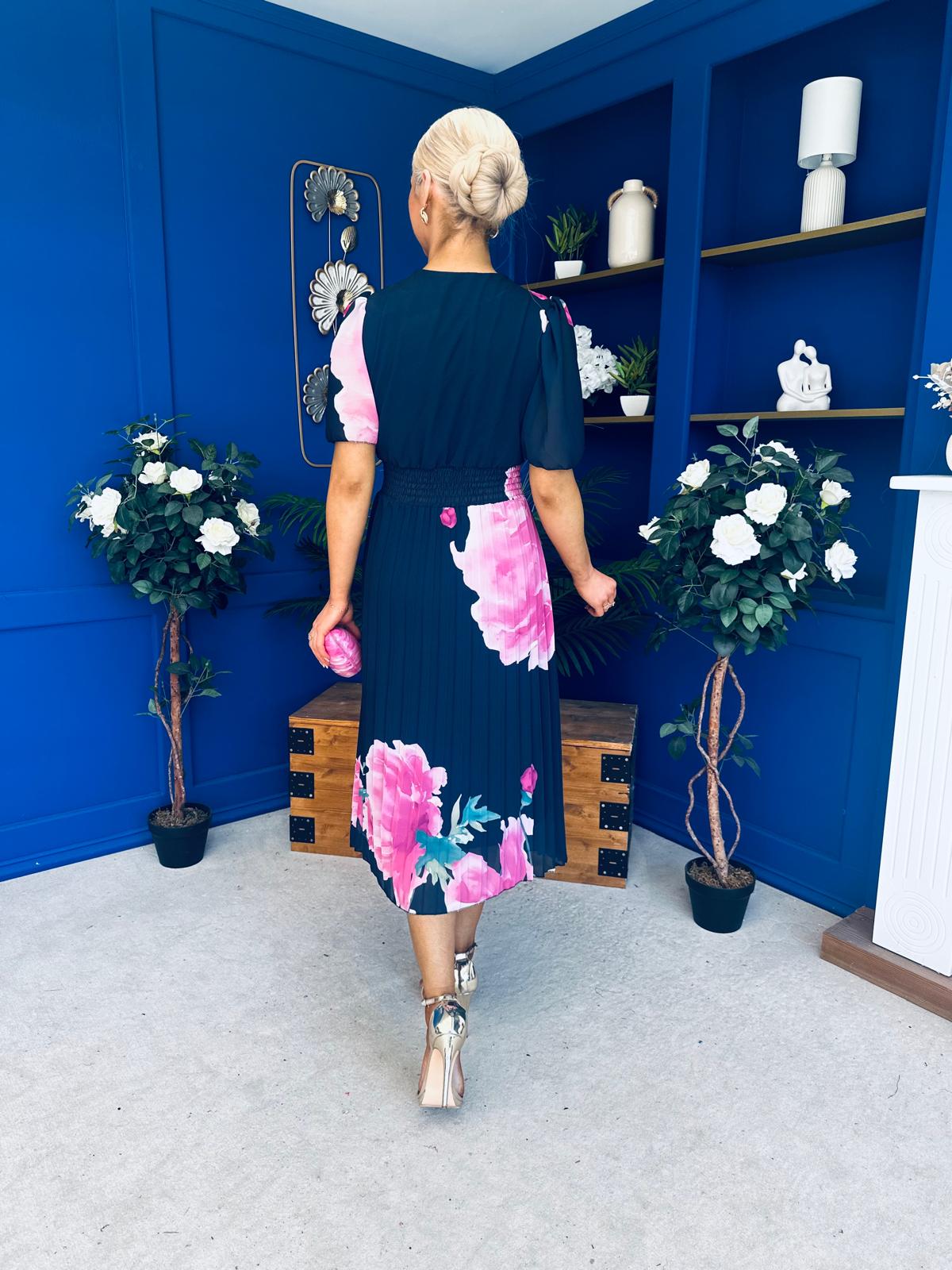 Saorlaith Pleated Midi Dress Floral Navy
