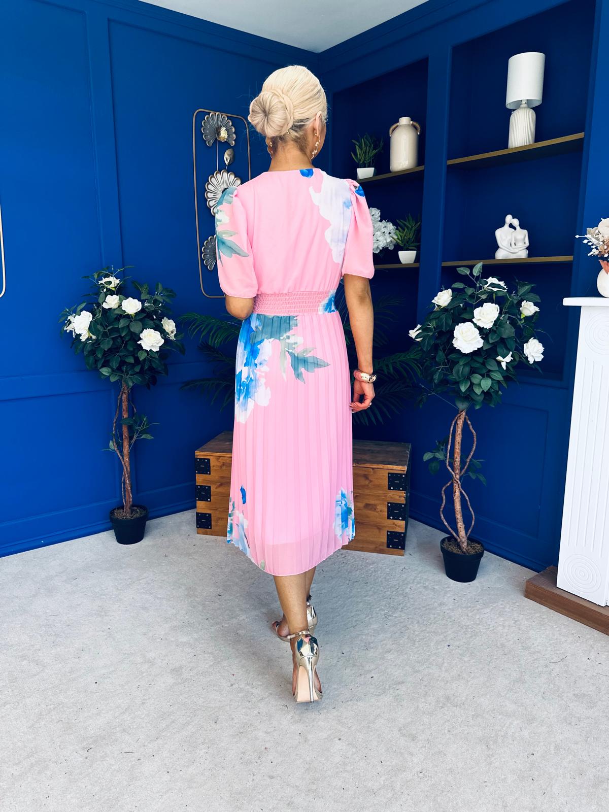 Saorlaith Pleated Midi Dress Floral Pink