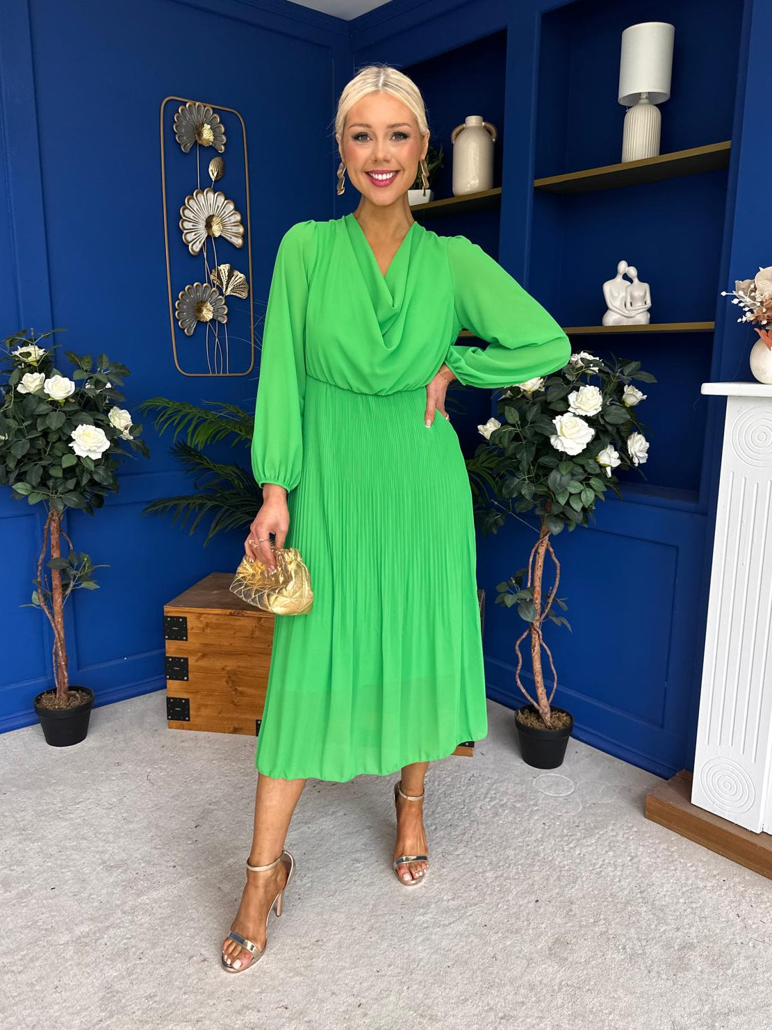 Gillian Cowl Neck Pleated Midi Dress Apple Green