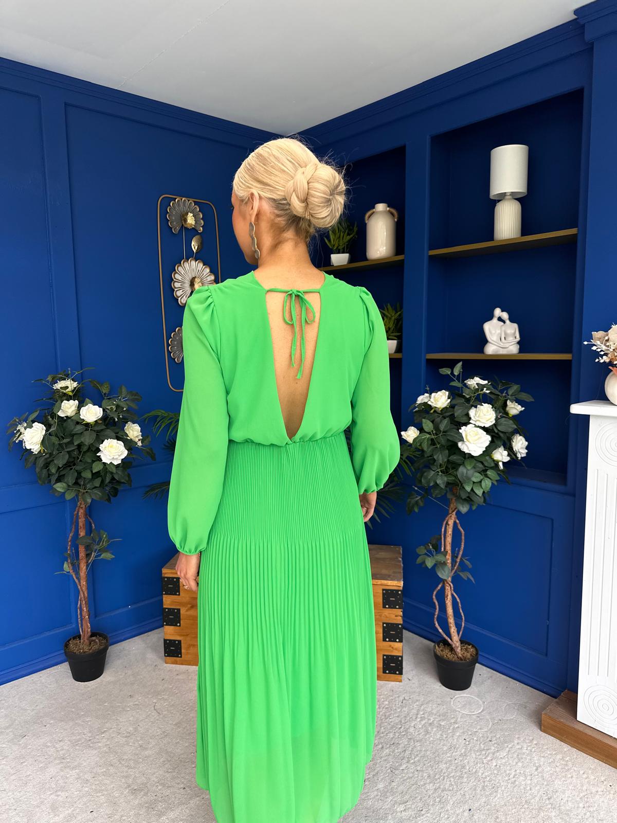 Gillian Cowl Neck Pleated Midi Dress Apple Green