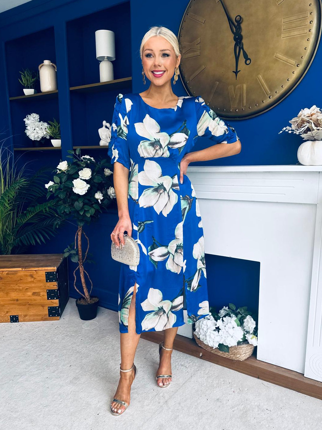 Brenda Split Leg Midi Dress Floral Blue