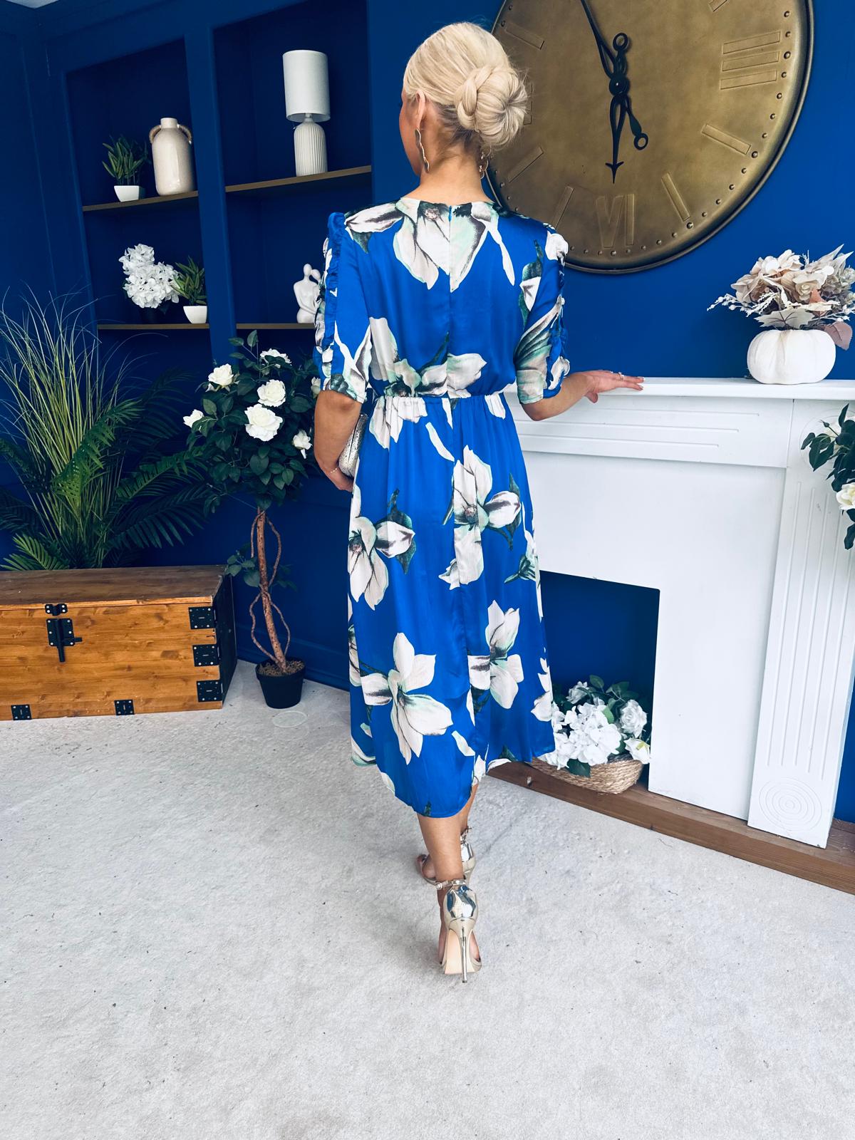 Brenda Split Leg Midi Dress Floral Blue