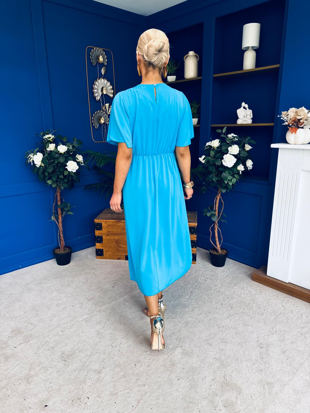 Naomi Gold Clasp Detailed Midi Dress Cyan Blue