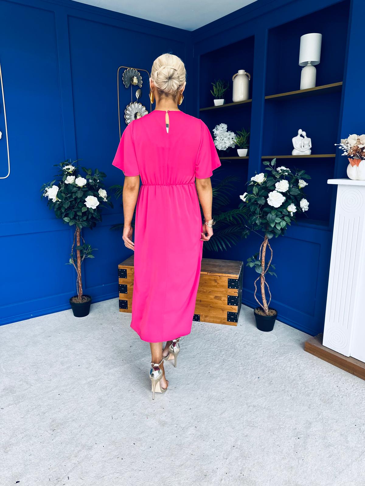 Naomi Gold Clasp Detailed Midi Dress Hot Pink