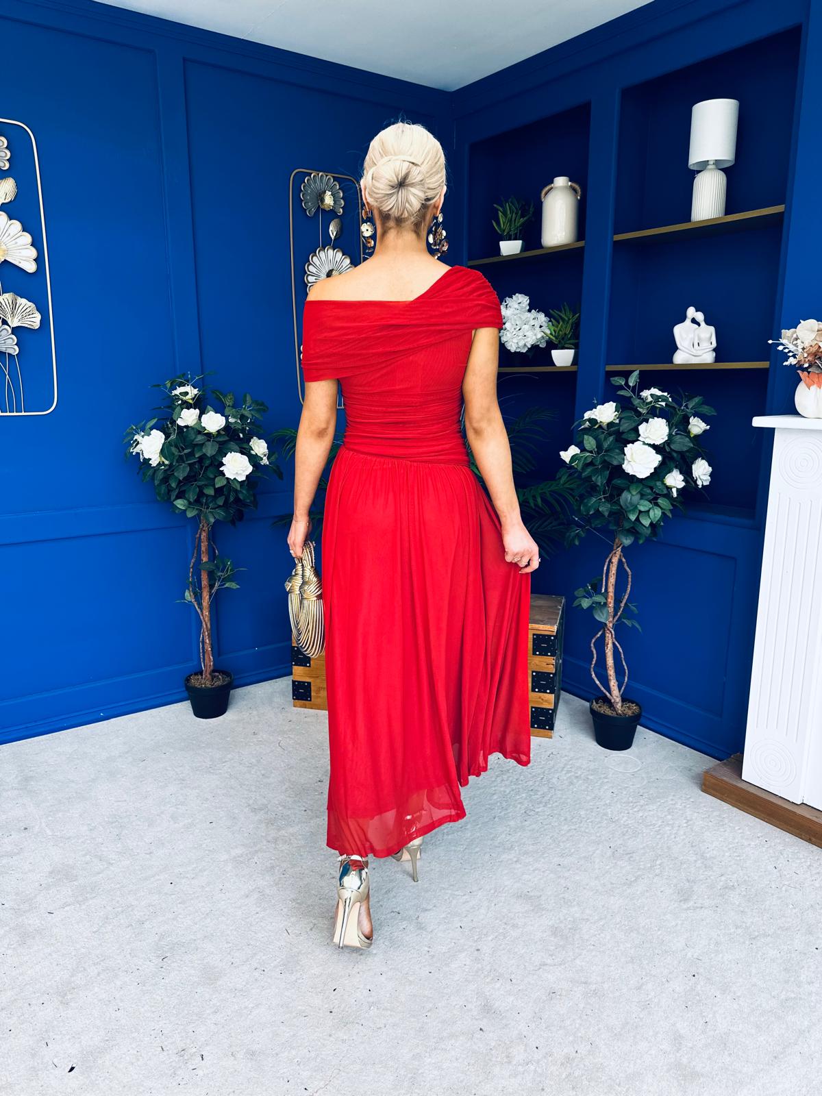 Giselle Off The Shoulder Mesh Midi Dress Ruby