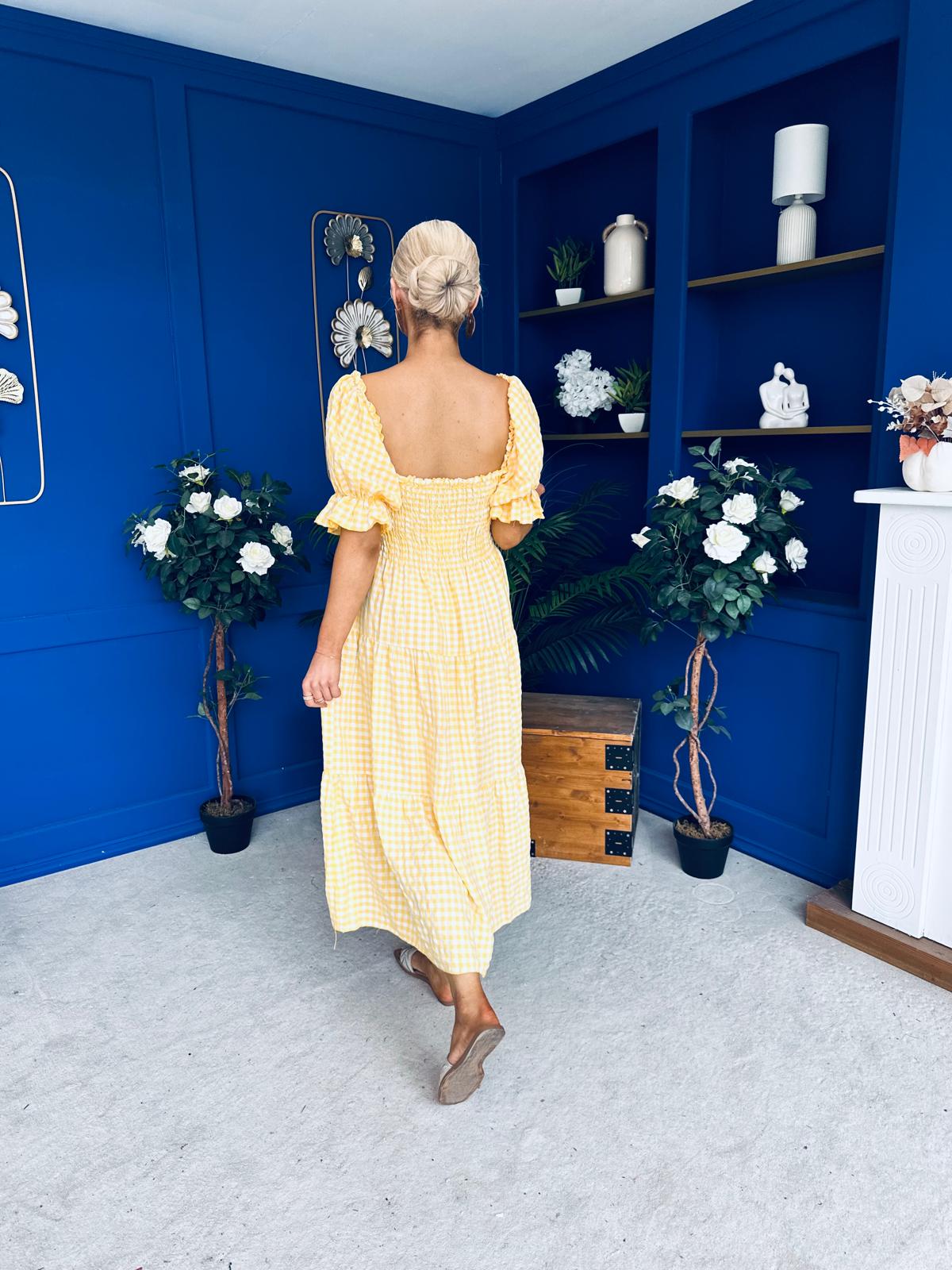 Leah May Puff Sleeve Midi Dress Check Yellow