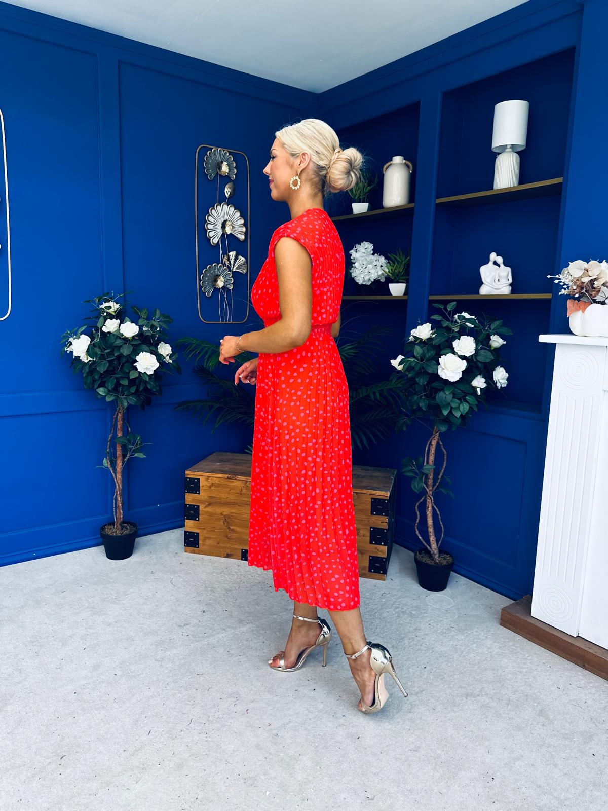 Roise Plunge Neck Midi Dress Polka Coral