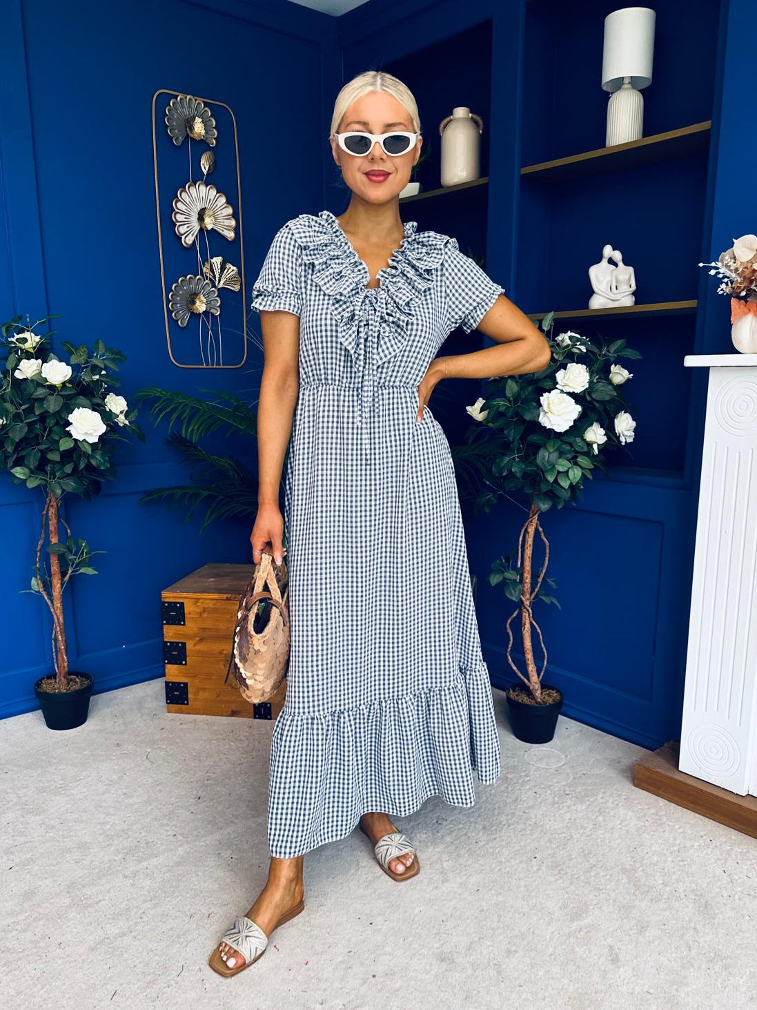 Martha Frill Detail Midi Dress Check Navy – Canella Lane