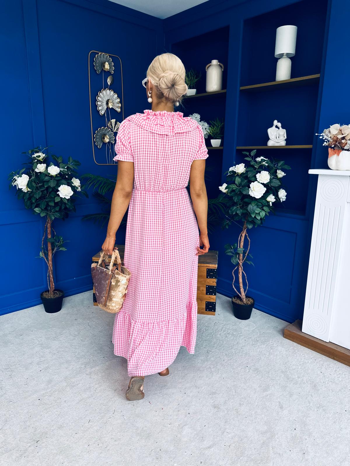 Martha Frill Detail Midi Dress Check Rose