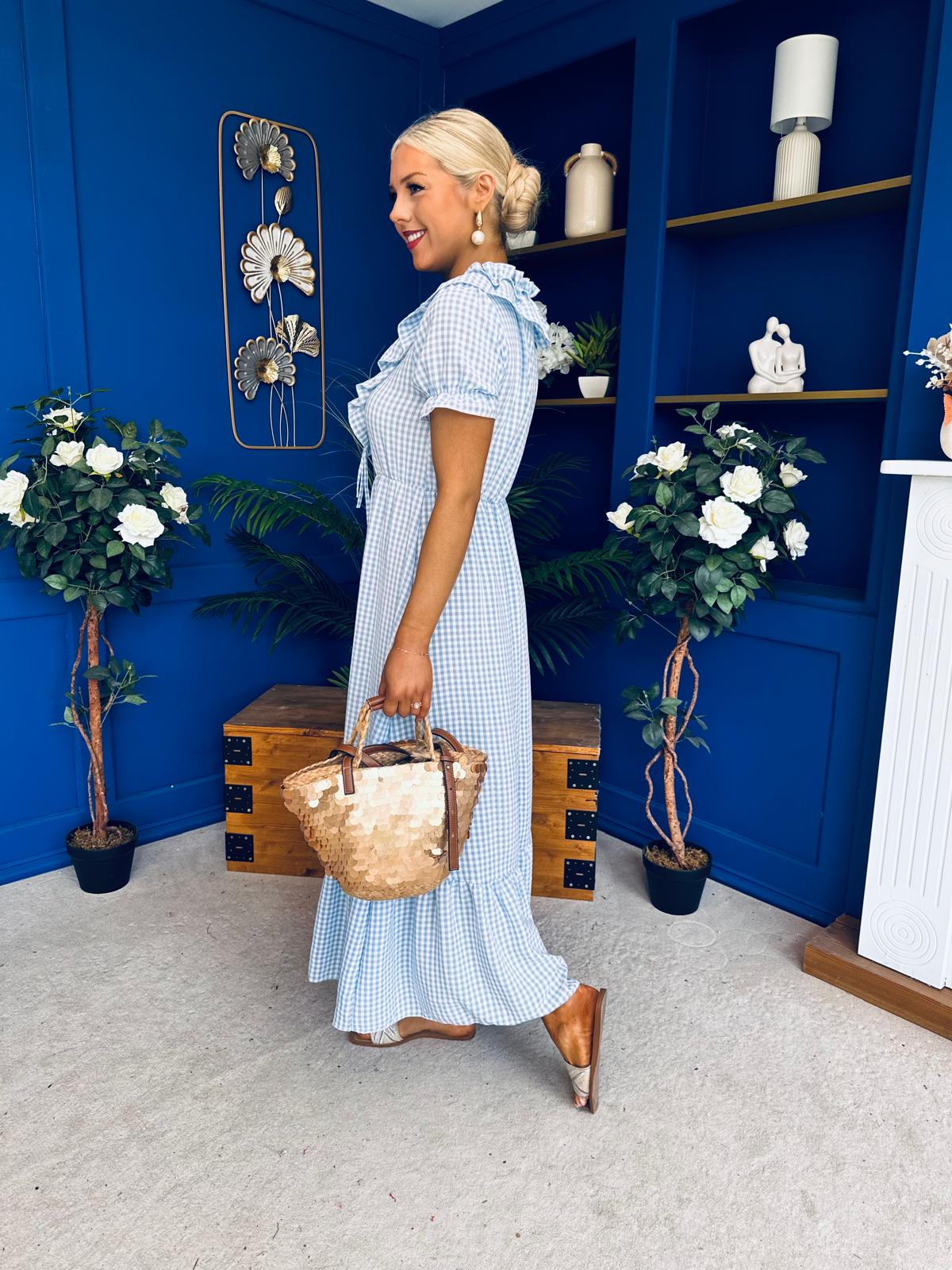 Martha Frill Detail Midi Dress Check Baby Blue