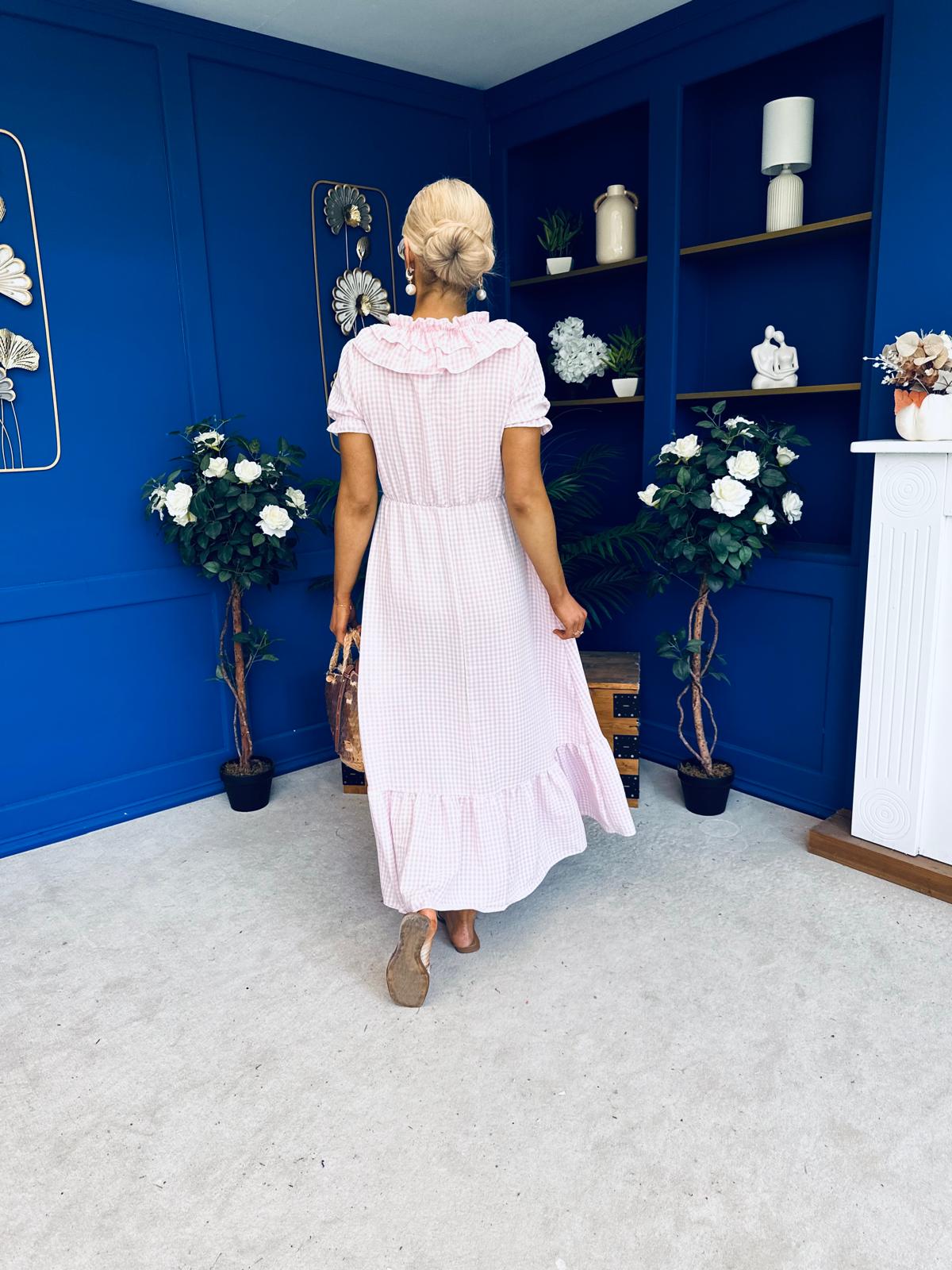 Martha Frill Detail Midi Dress Check Baby Pink