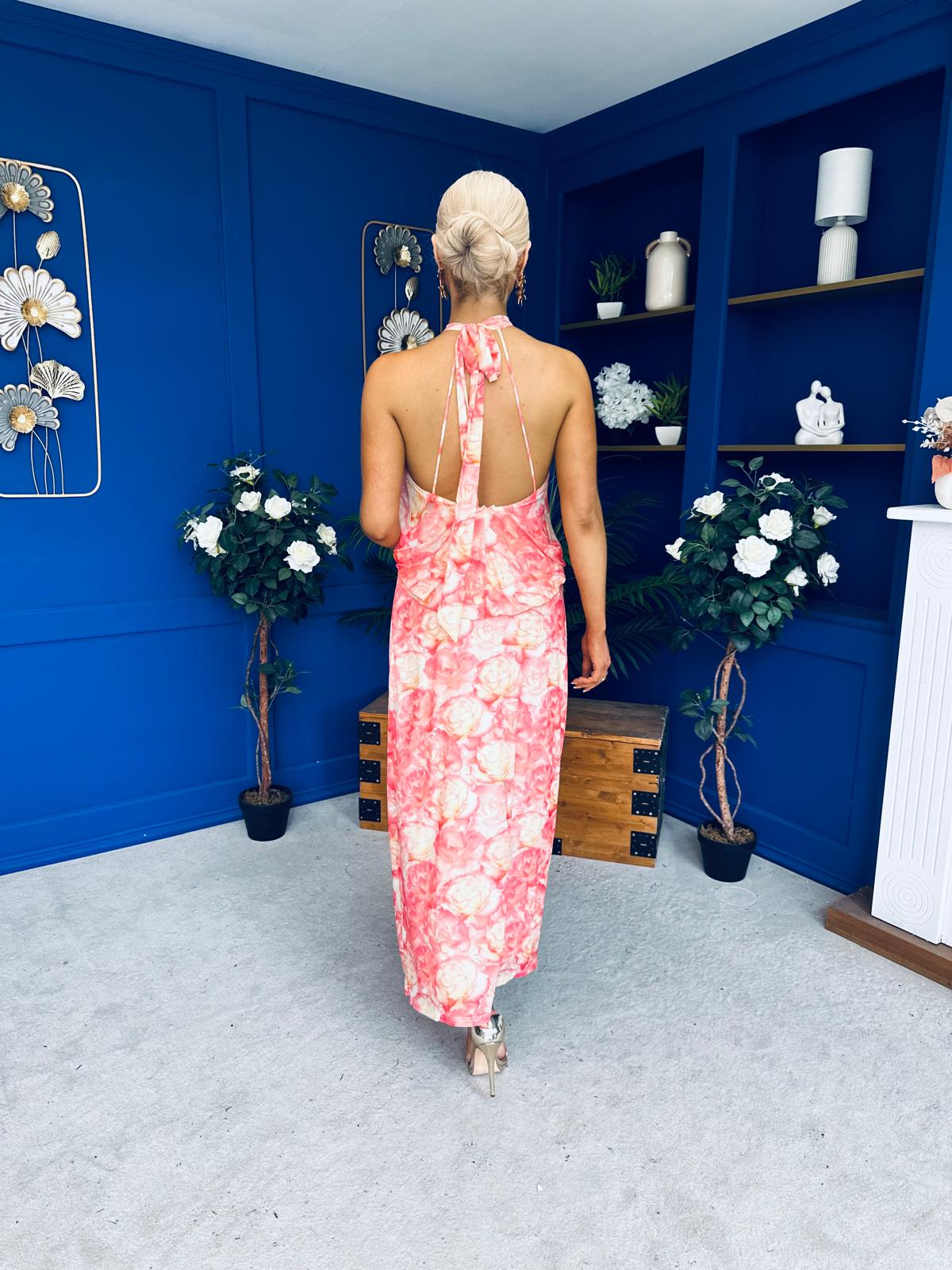 Paige Halterneck Mesh Midi Dress Floral Coral