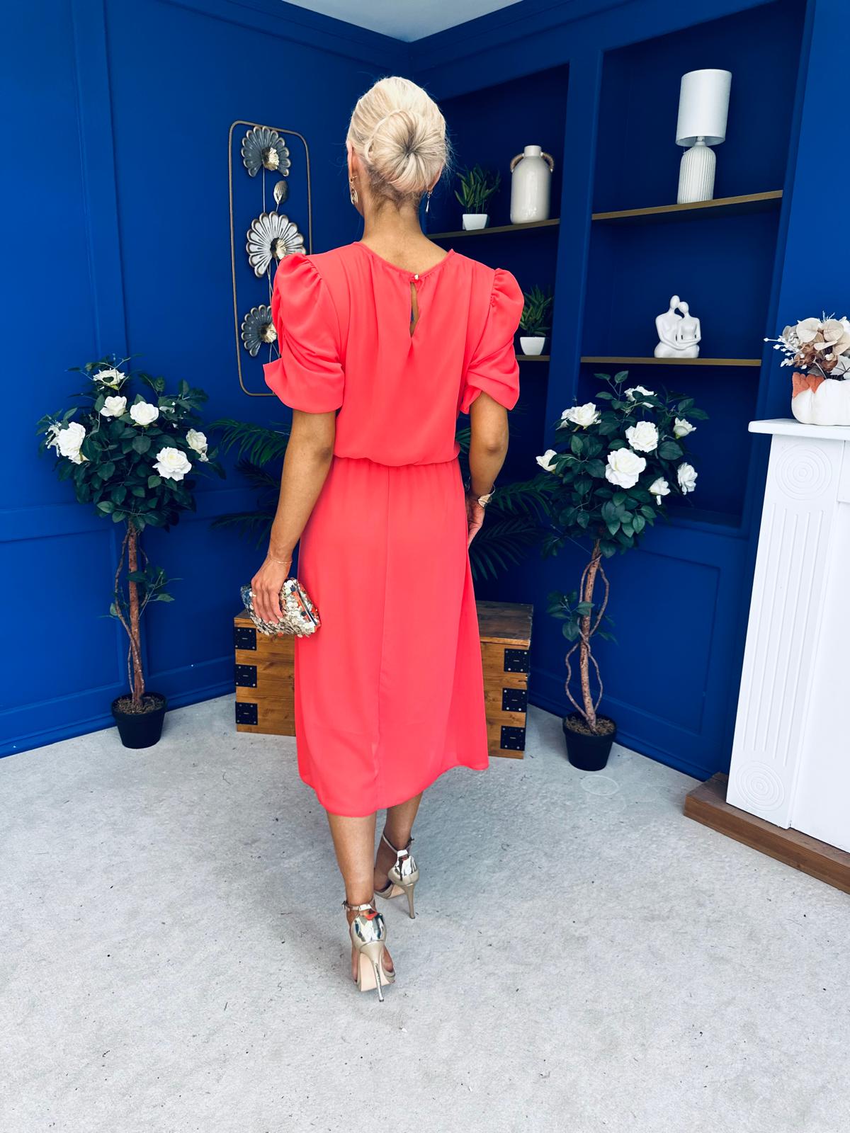 Laoise Puff Sleeve Banded Midi Dress Coral