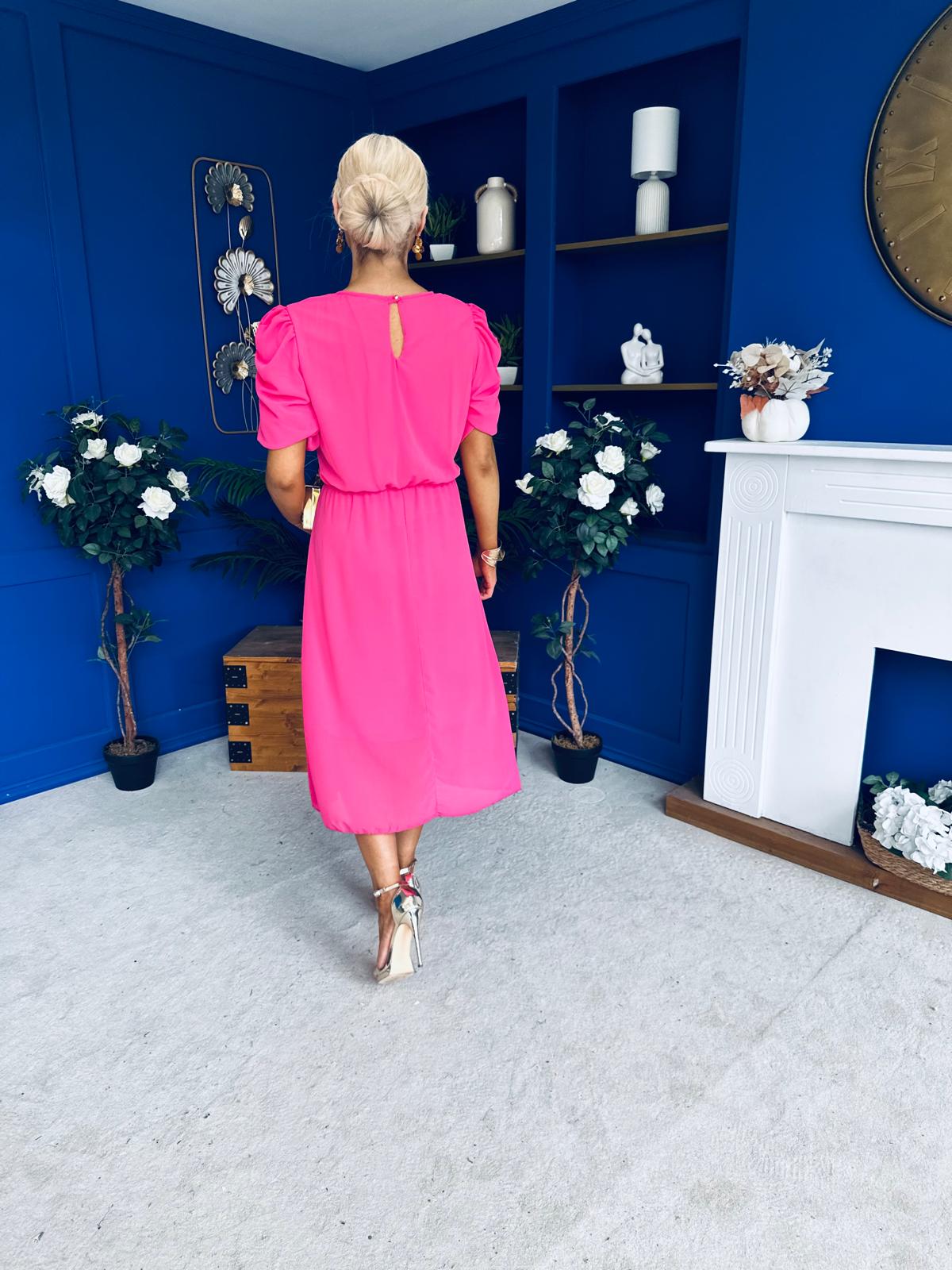 Laoise Puff Sleeve Banded Midi Dress Cerise