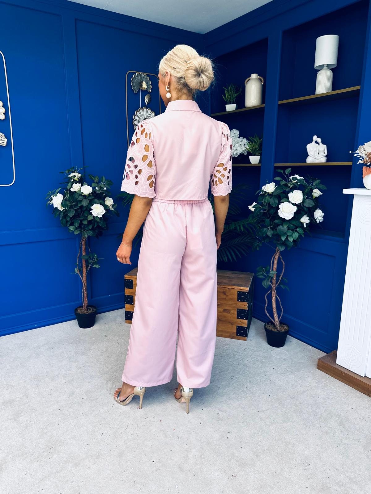 Gwen Detailed Crochet Top & Trouser Set Blush