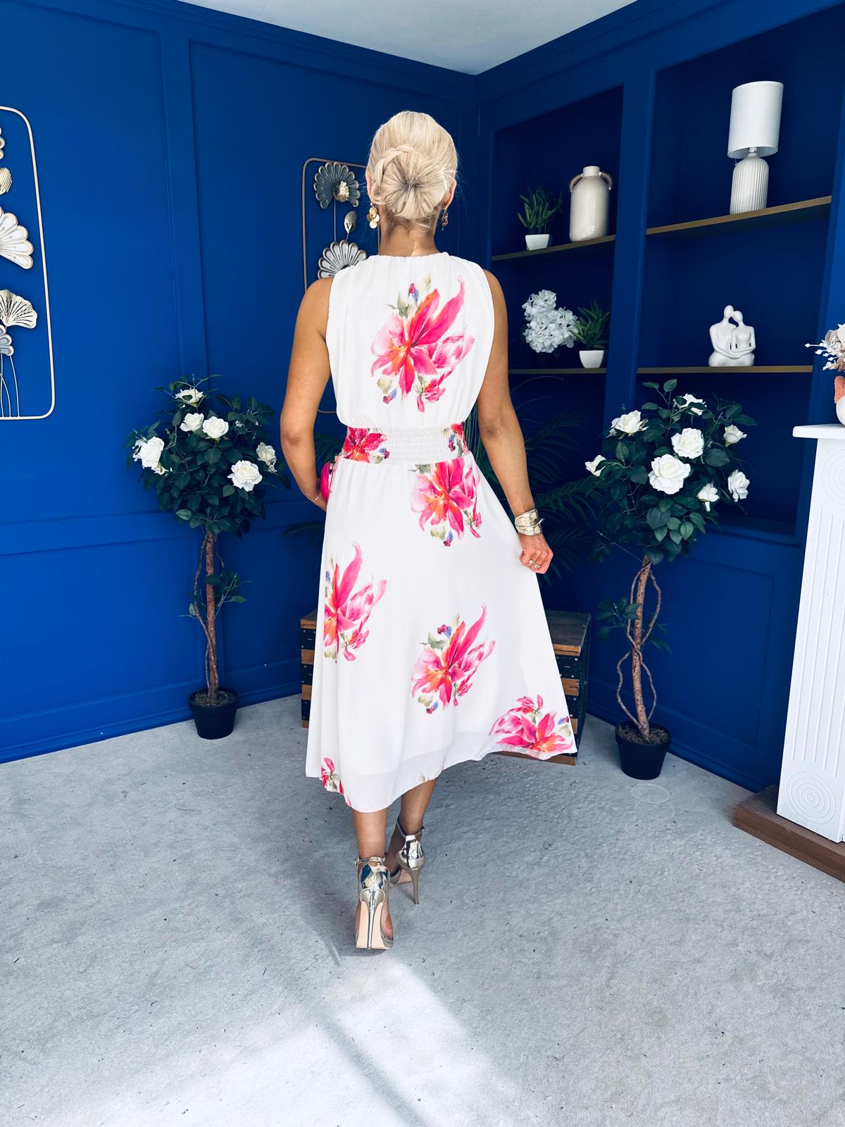 Layce Banded Midi Dress Floral Cream