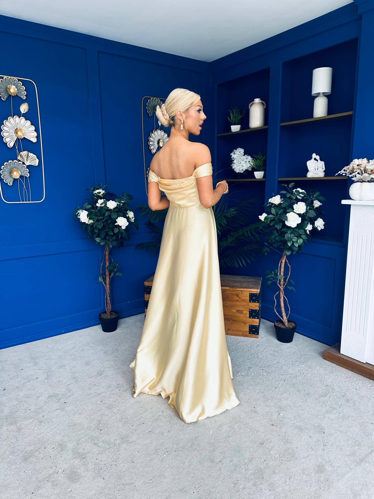 Palmer Bardot Satin Occasion Dress Yellow