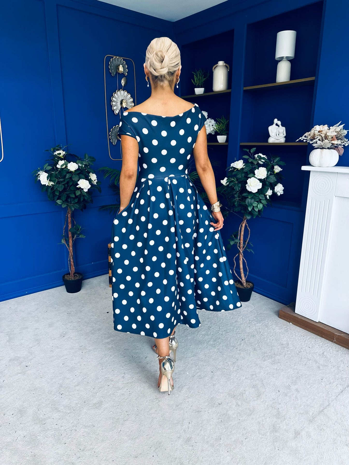 Breffy Asymmetric Neckline Skater Midi Polka Navy