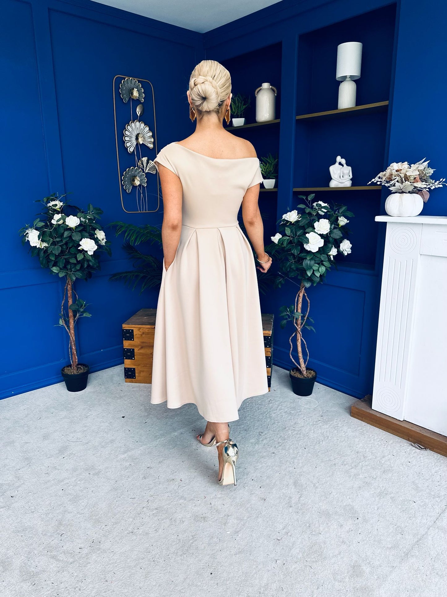 Breffy Asymmetric Neckline Skater Midi Beige