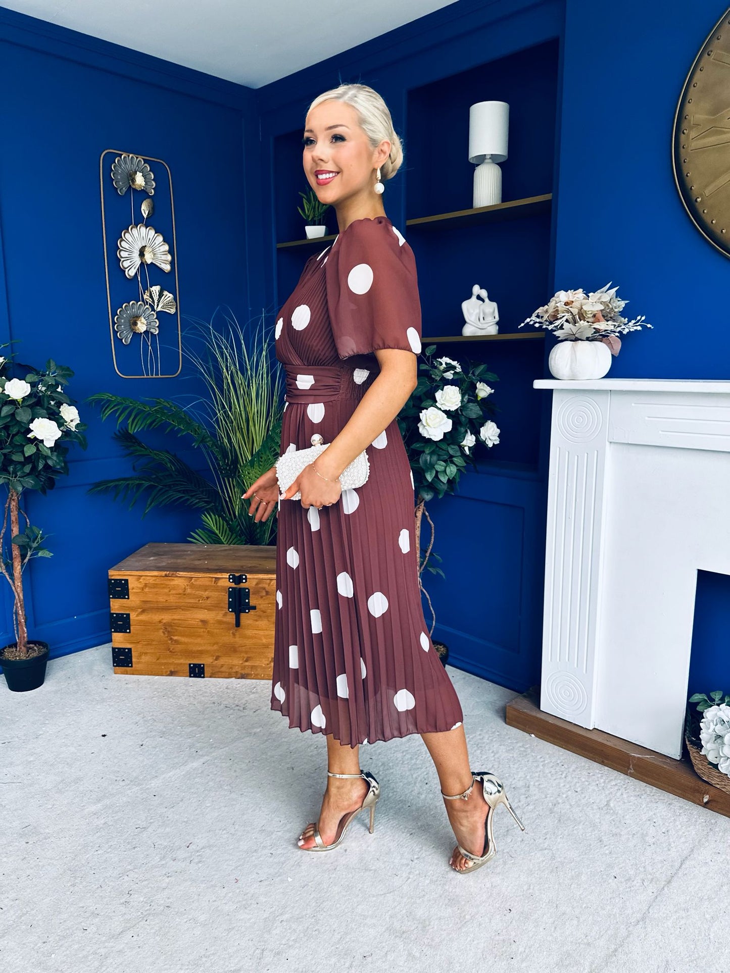 Daire Pleated Midi Dress Cream Polka Coco