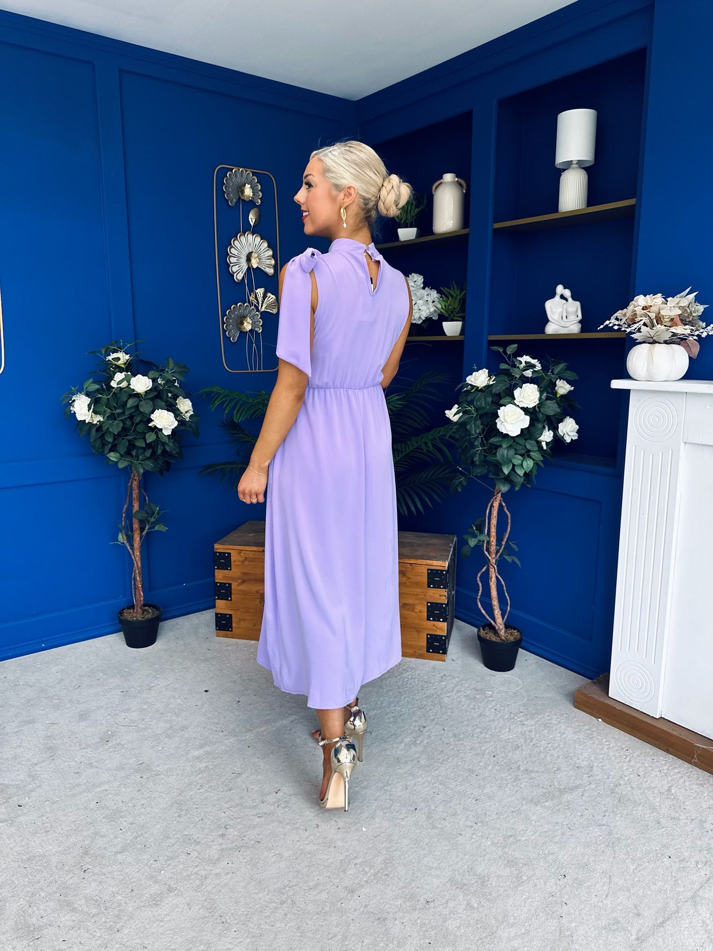 Joanna High Neck Bow Detail Midi Dress Lilac