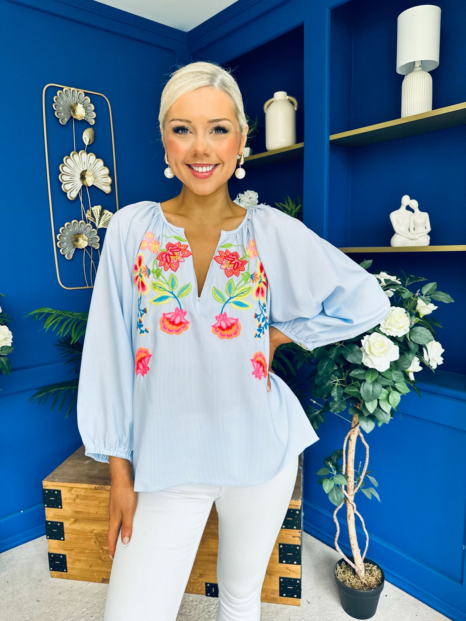 Miriam Embroidered Top Blue – Canella Lane