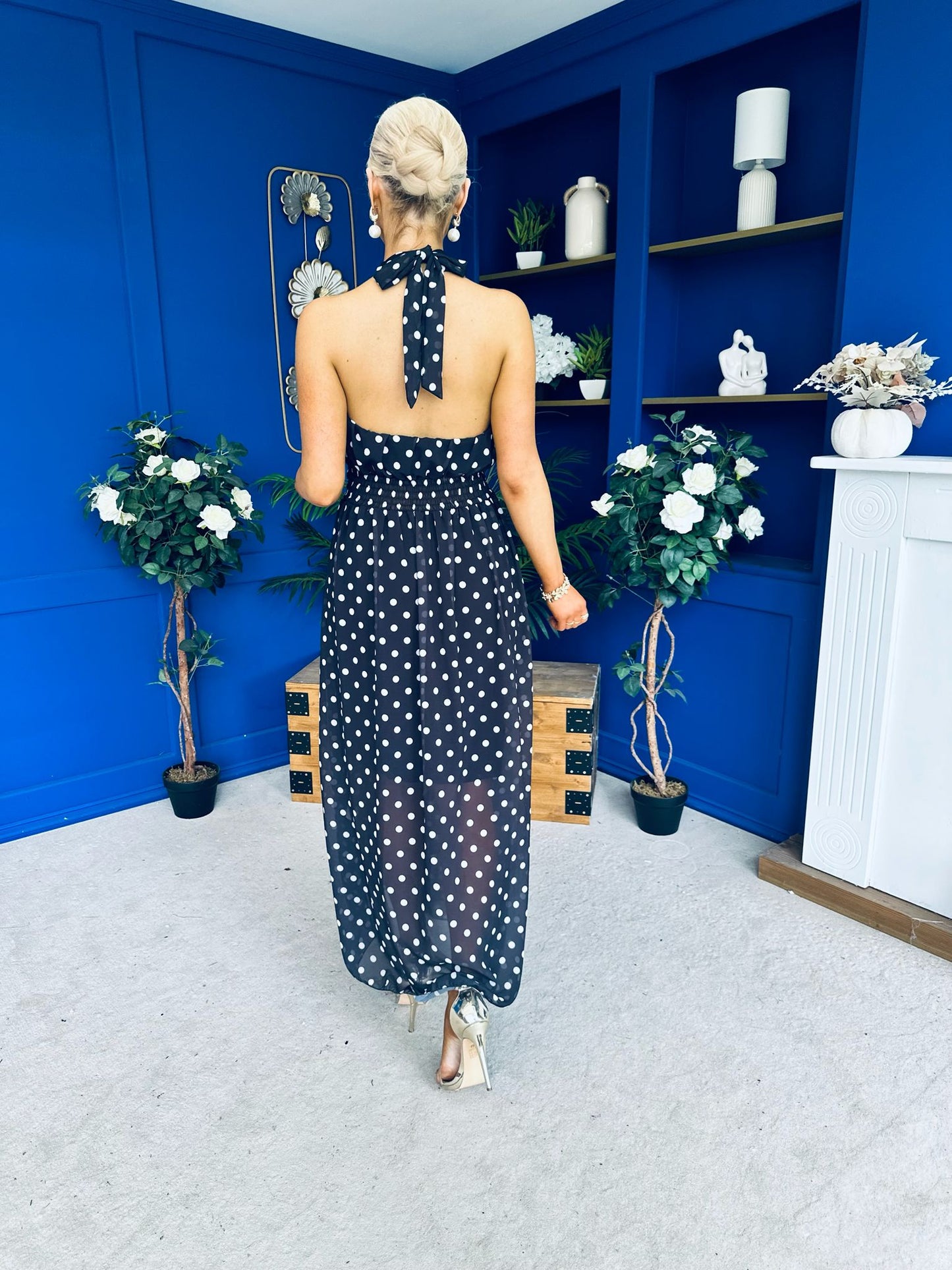 Trinity Banded Halterneck Dress Polka Black