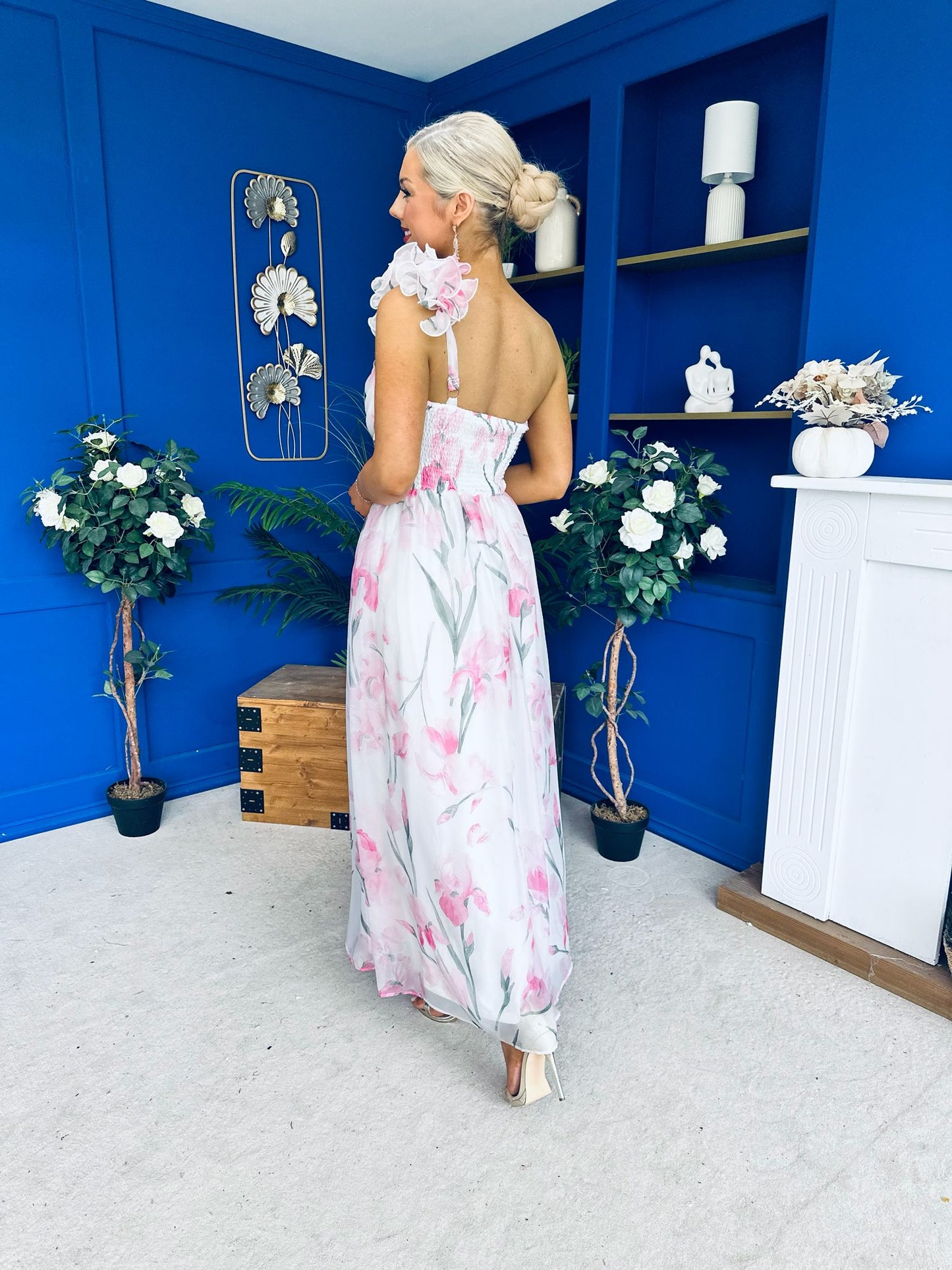 Hailey Gathered Detail Occasion Dress Floral White