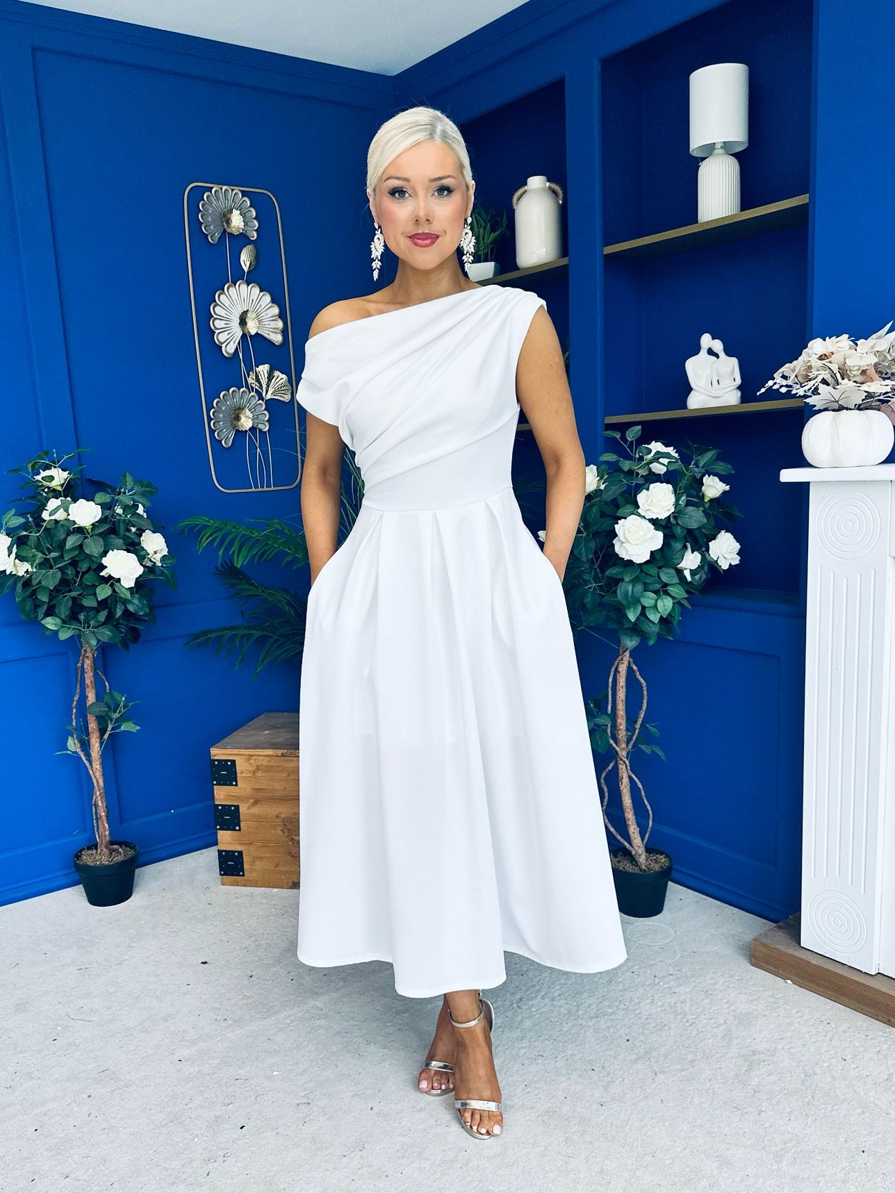 white skater midi dress Breffy Asymmetric Neckline Skater Midi White – Canella Lane