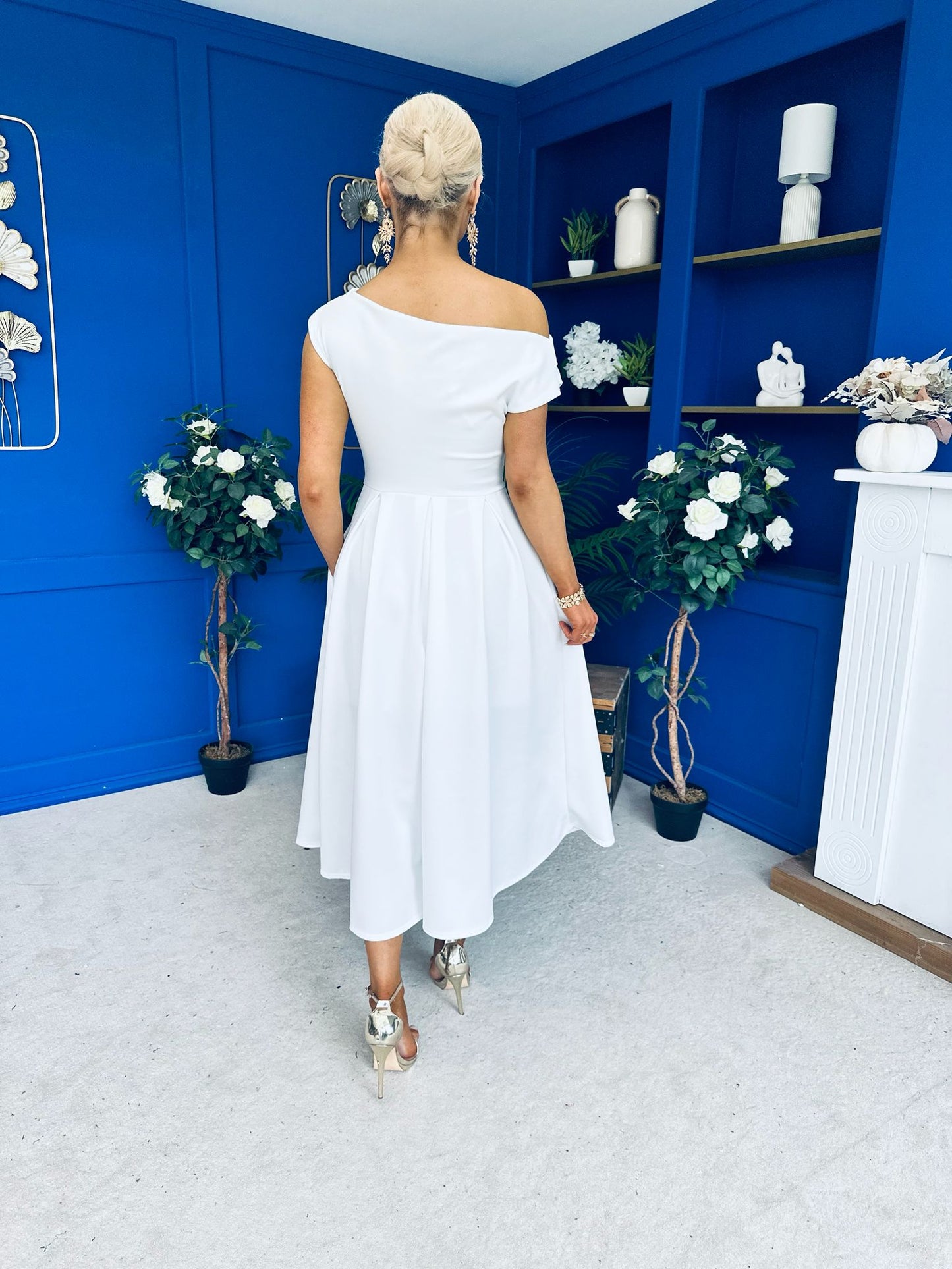 Breffy Asymmetric Neckline Skater Midi White