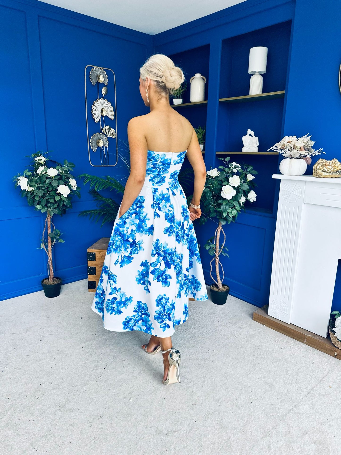 Danni Strapless Bandeau Midi Dress Floral Blue
