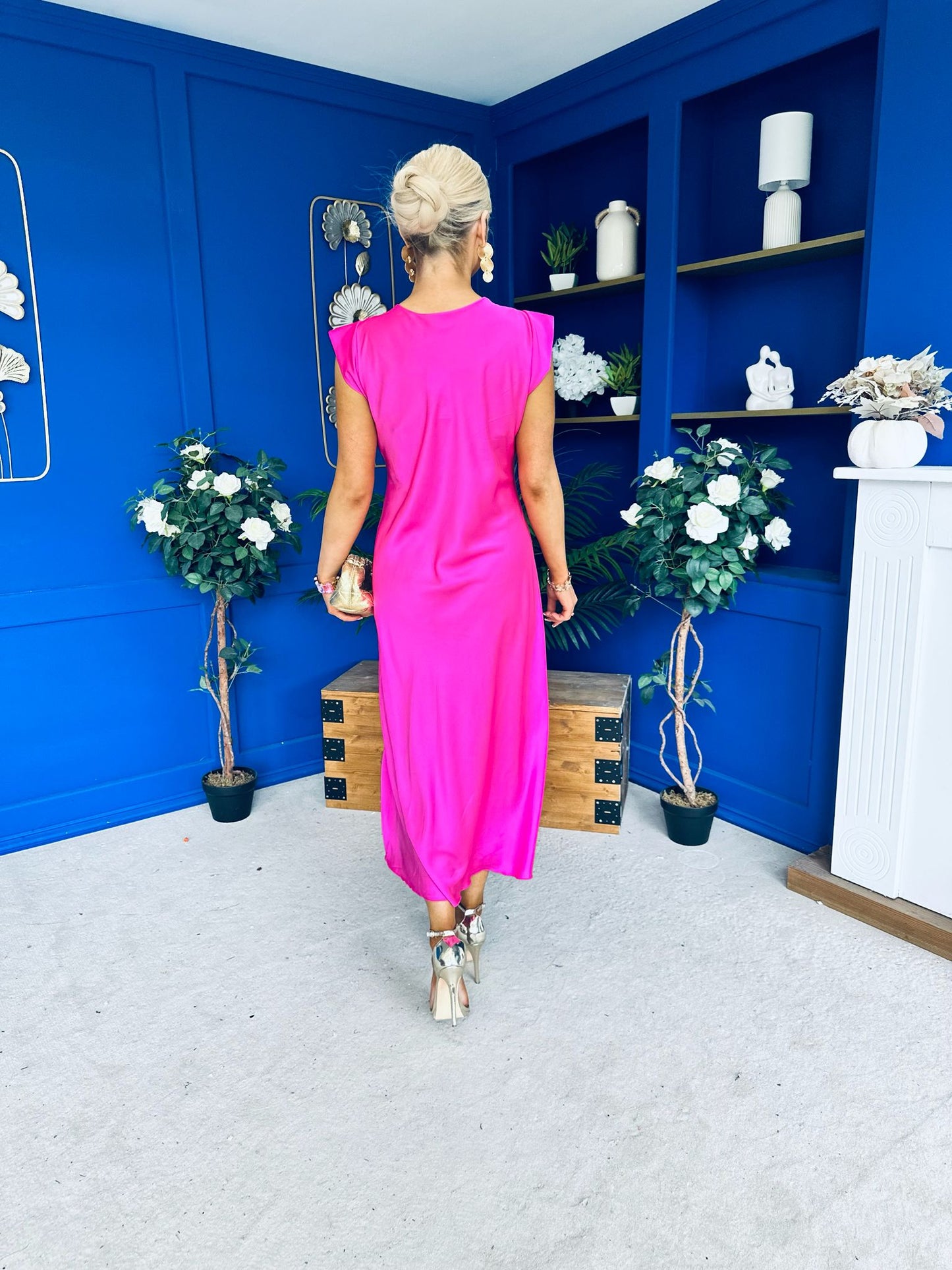 Penny Twist Detailed Midi Satin Dress Cerise Pink