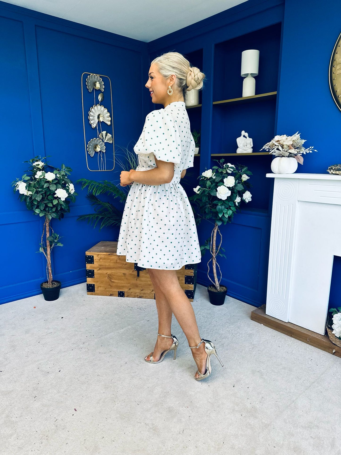 Kamilla Puff Sleeve Shirt Dress Green Polka Cream