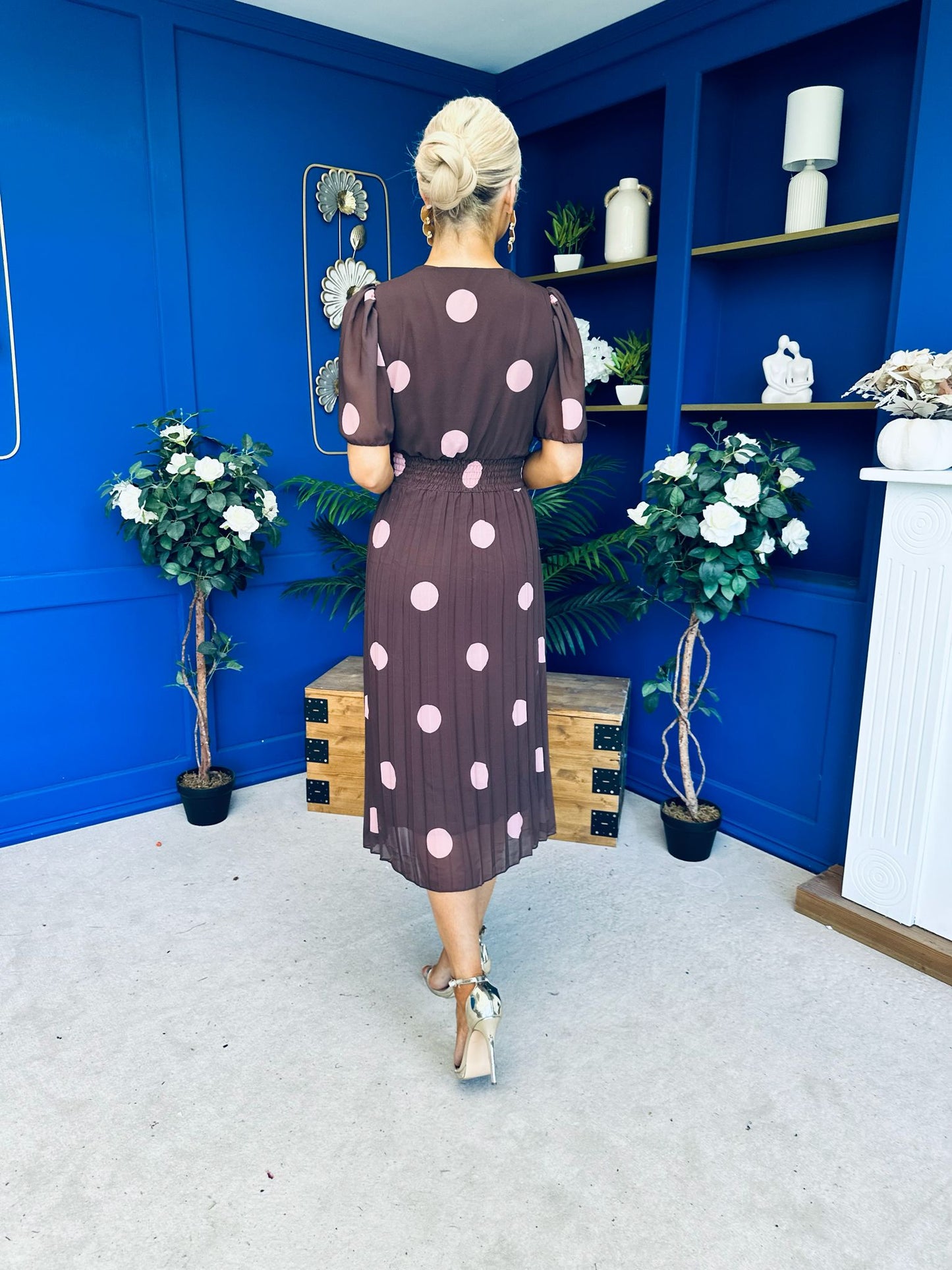 Daire Pleated Midi Dress Pink Polka Choc