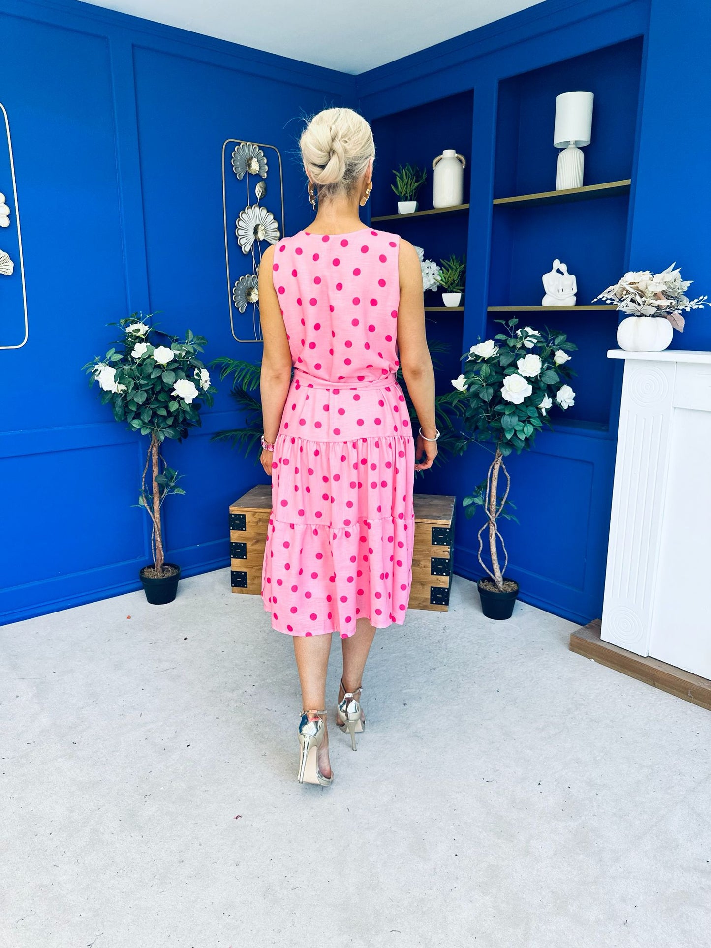 Sadhbh Tiered Midi Dress Cerise Polka Pink