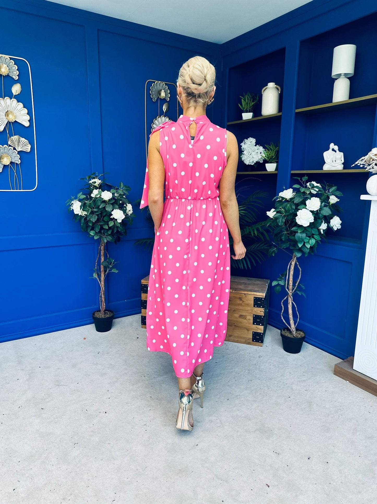 Rita High Neck Bow Detail Midi Dress Polka Cerise