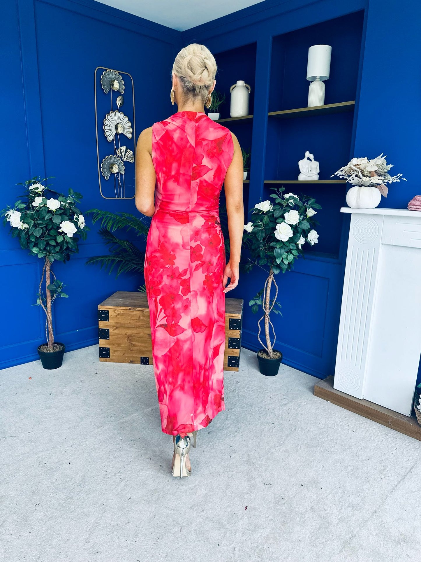 Gianna High Neck Mesh Midi Dress Floral Coral