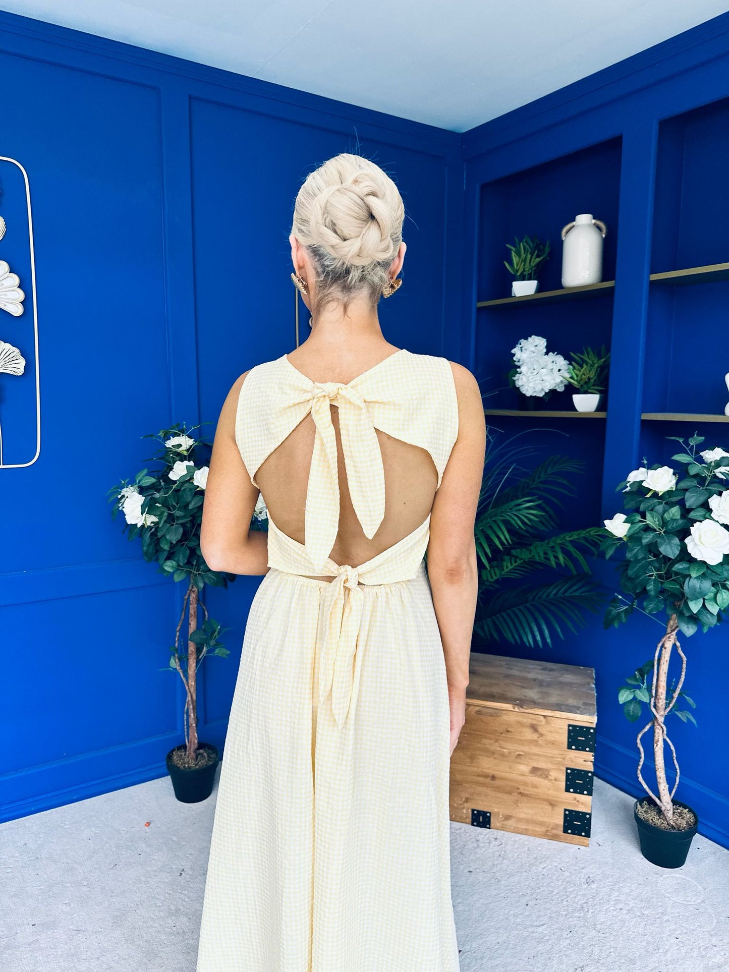 Daphne Bow Back Midi Dress Check Yellow