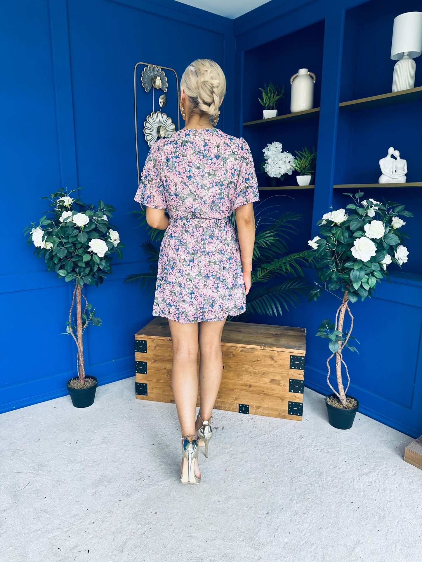 Divina Belted Mini Dress Floral Blue