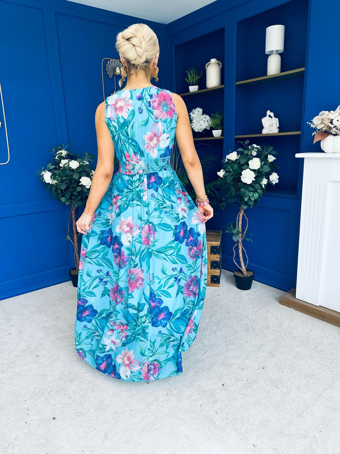 Lindsey Plunge Neck Maxi Dress Floral Blue