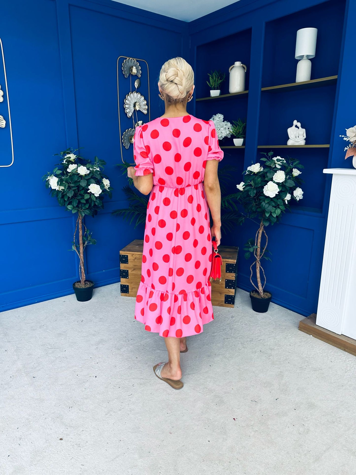 Suzanne Detailed Midi Dress Polka Pink