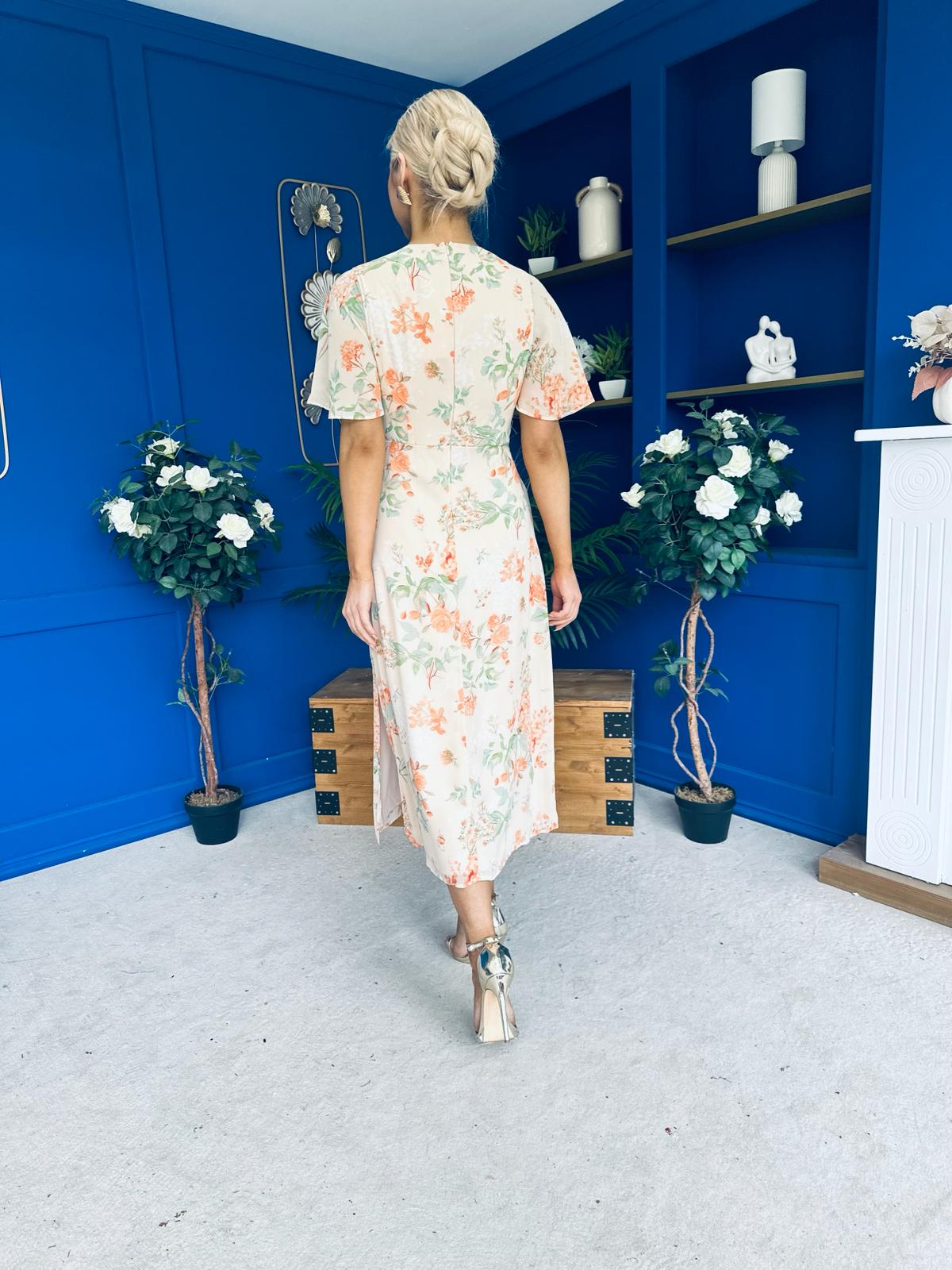 Daisy Twist Detail Midi Dress Floral Cream