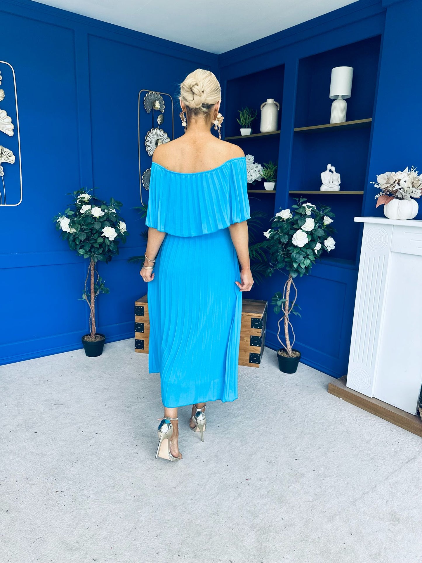 Aileen Pleated Bardot Midi Dress Cyan Blue