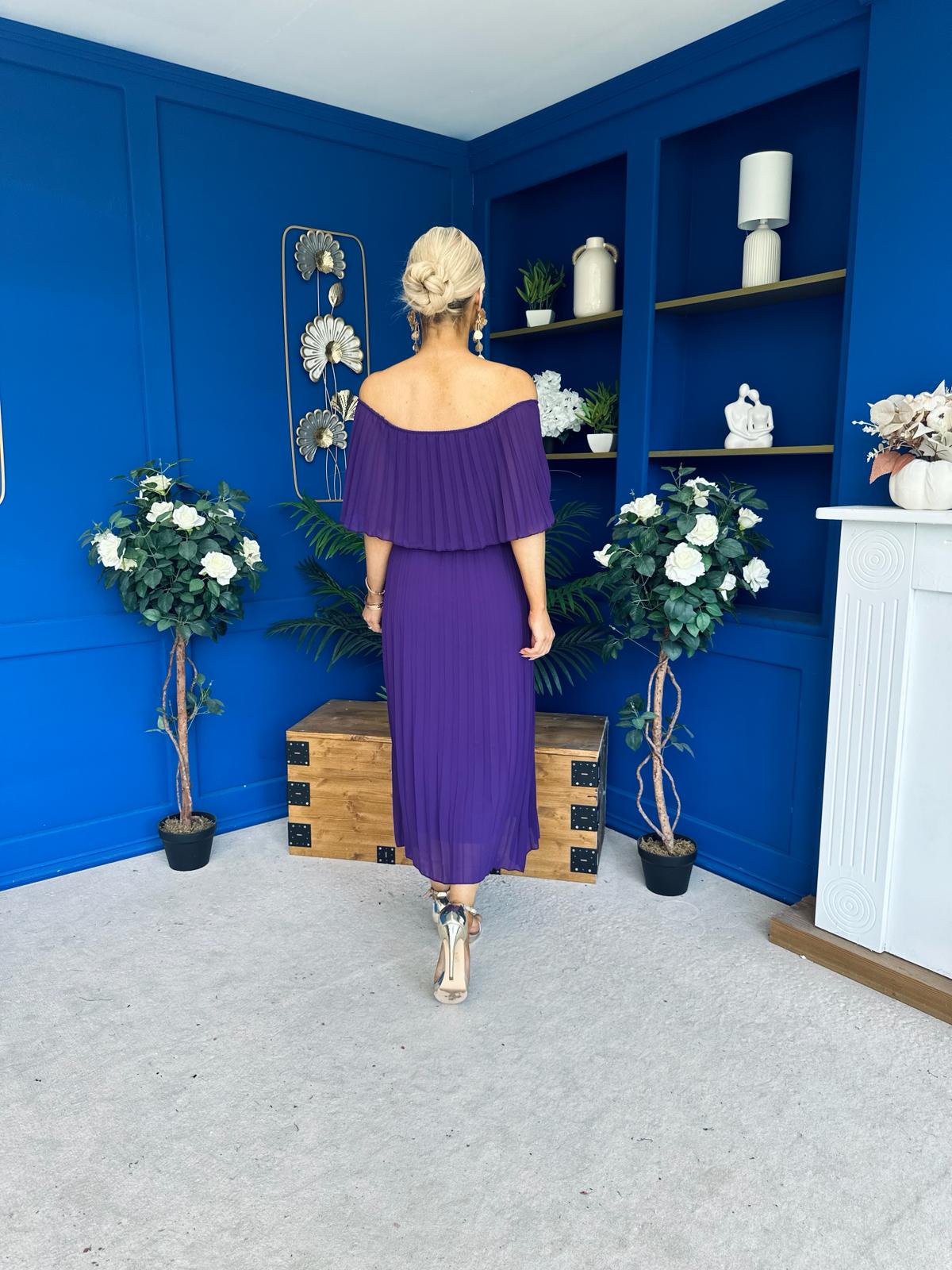 Aileen Pleated Bardot Midi Dress Violet