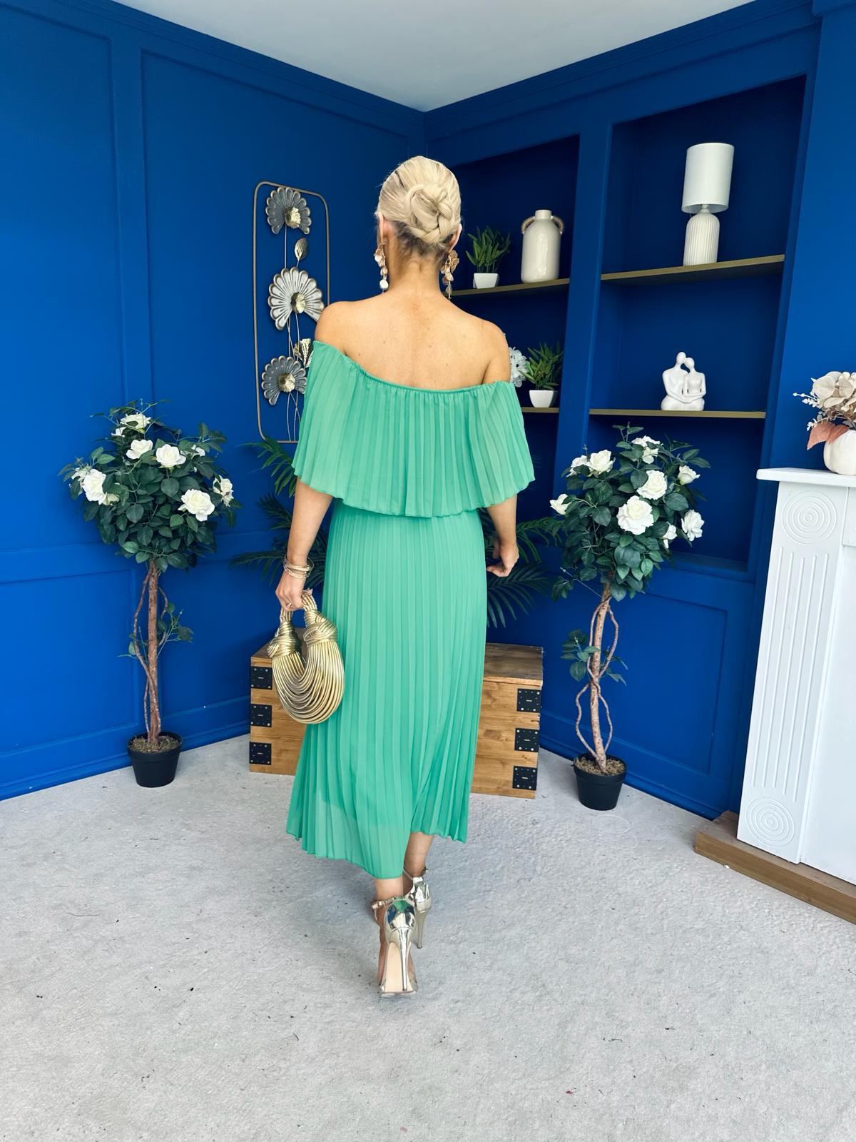 Aileen Pleated Bardot Midi Dress Emerald